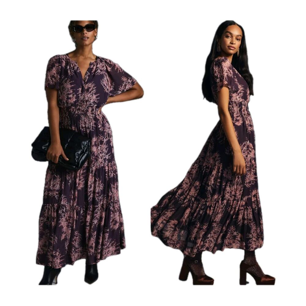 Anthropologie The Somerset Purple Floral Chiffon Maxi Dress Womens Size XSP 51"L